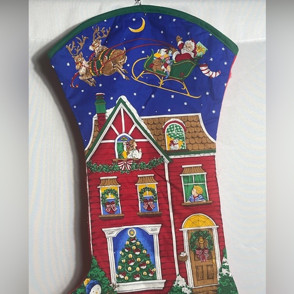 Large Quilted Christmas Stocking Santa Flying Over House Scene 27”x14” - Picture 8 of 9